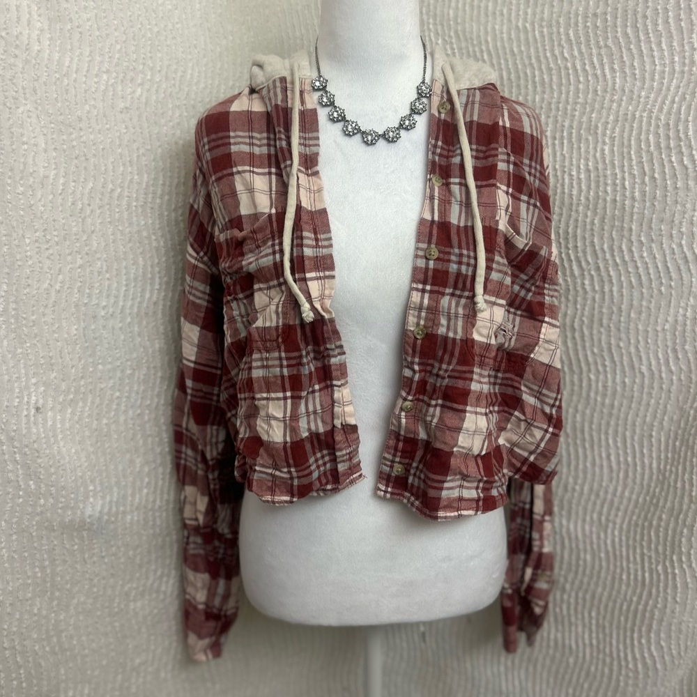 American Eagle Crop Flannel Hoodie Size Medium Maroon Grey Distressed Style